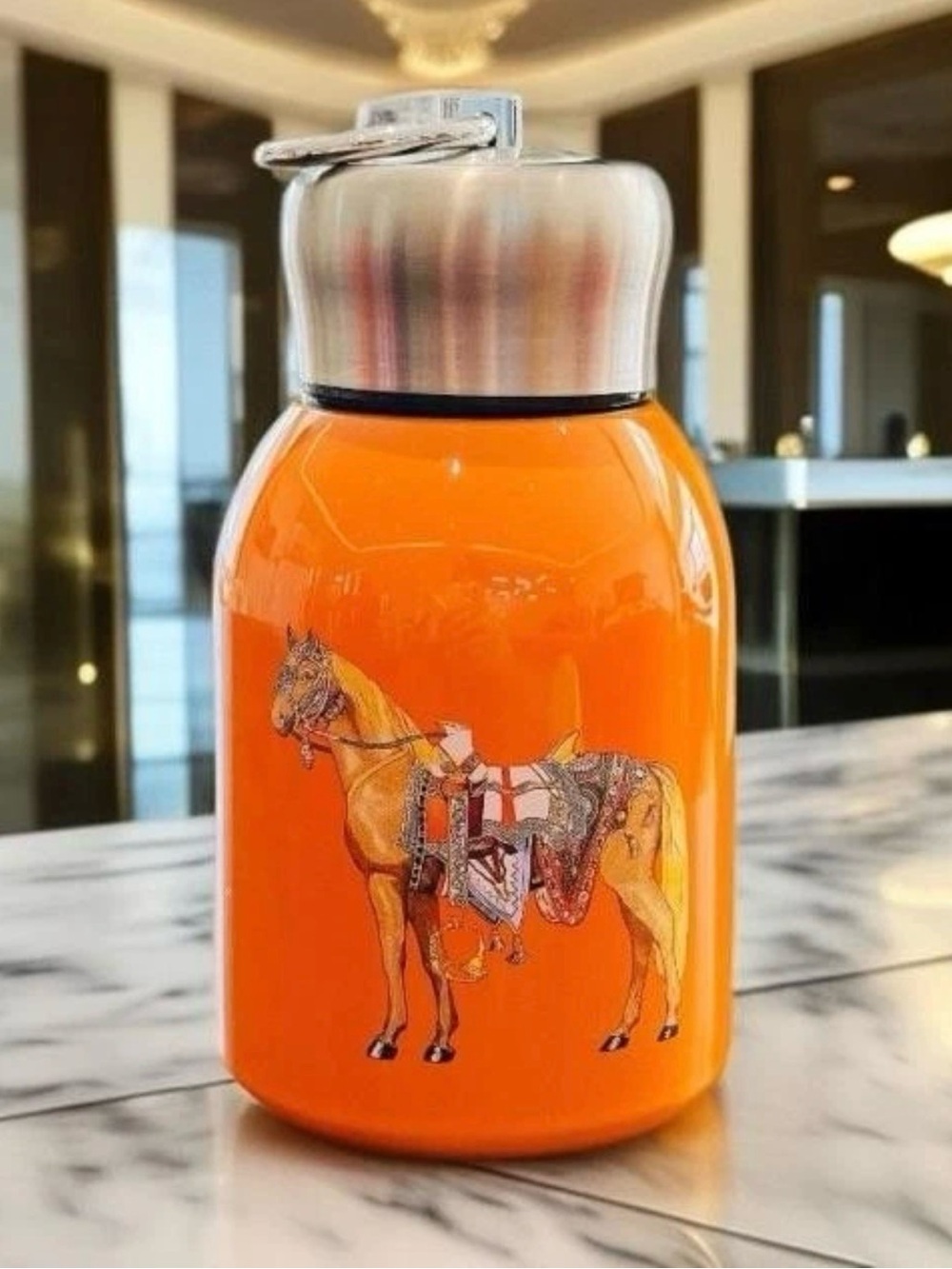 Hermes Orange Horse-Print Insulated Bottle with Stainless Cap
